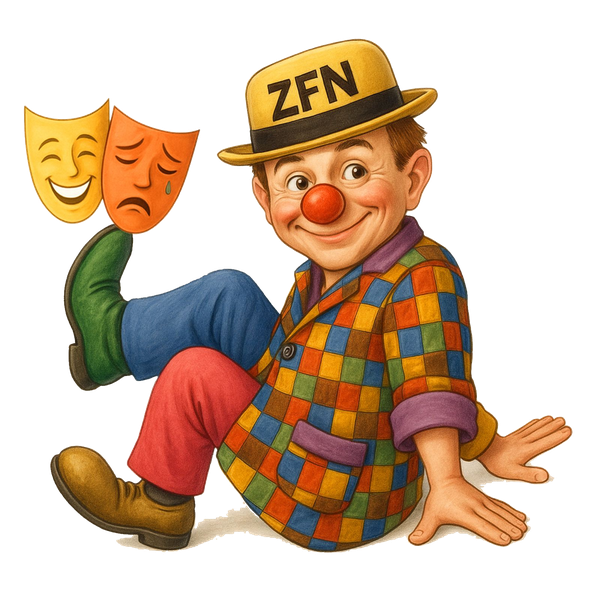 Logo der Zellhäuser Fastnachtsnarren 1977: Kasper mit ZFN-Hut und Theatermasken